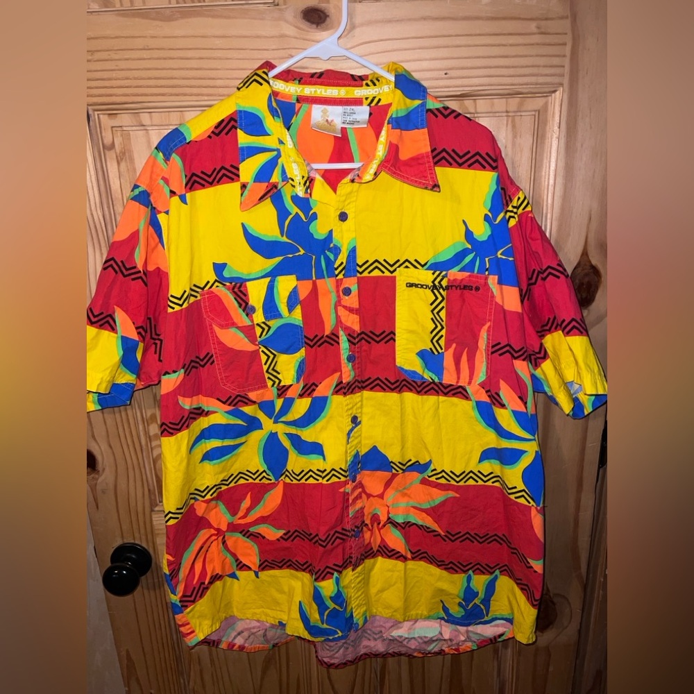 VTG 90s Groovey Styles Mens Hawaiian Shirt 2 XL Red Yellow Orange Blue